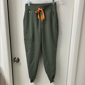 Figs Green Ankle Joggers with Orange Drawstring